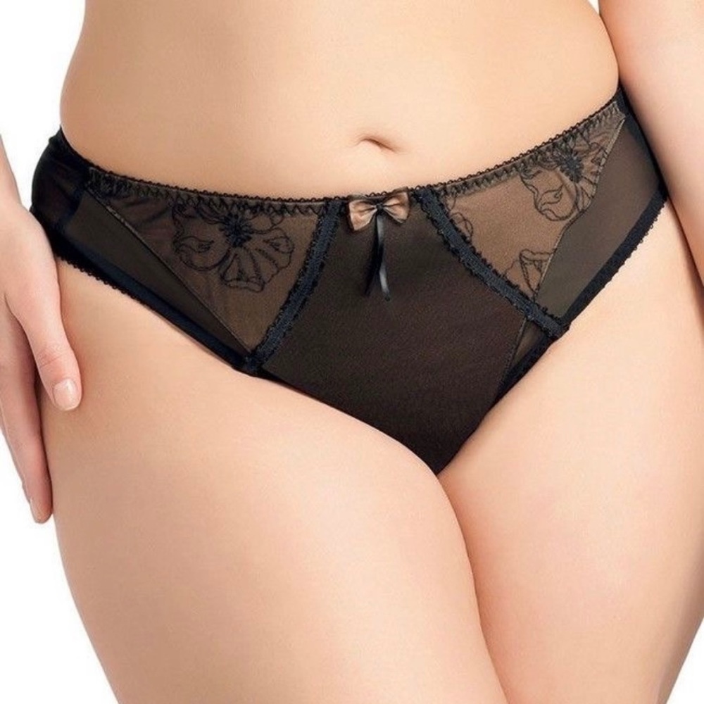 New ELOMI Imogen EL8487BLK Thong XL Black Bronze Lace Bow Sheer Nude Panties